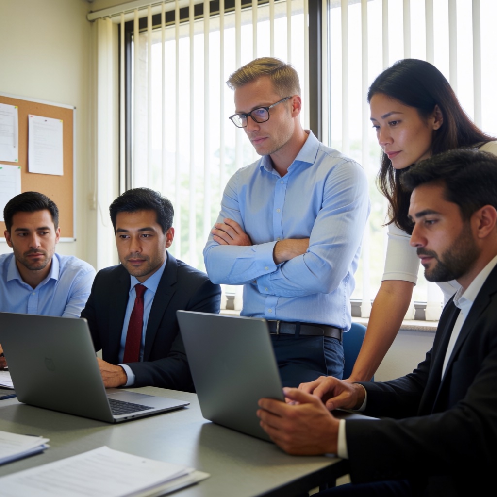 Réunion d'équipe autour d'ordinateurs portables (audit et mise en conformité)